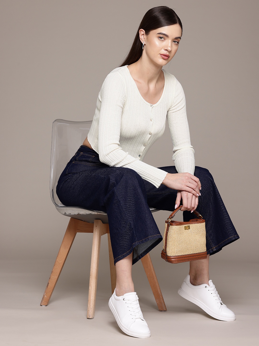 

MANGO Ribbed Tie-Up Crop Cardigan, Off white