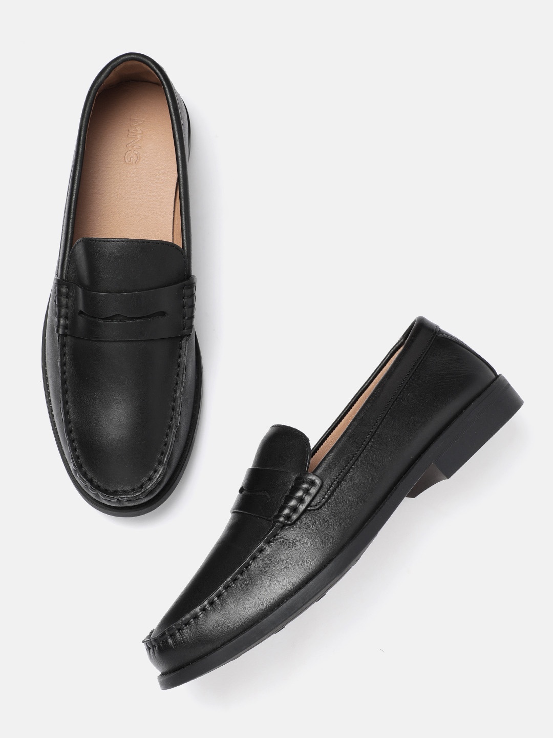 

MANGO MAN Leather Penny Loafers, Black