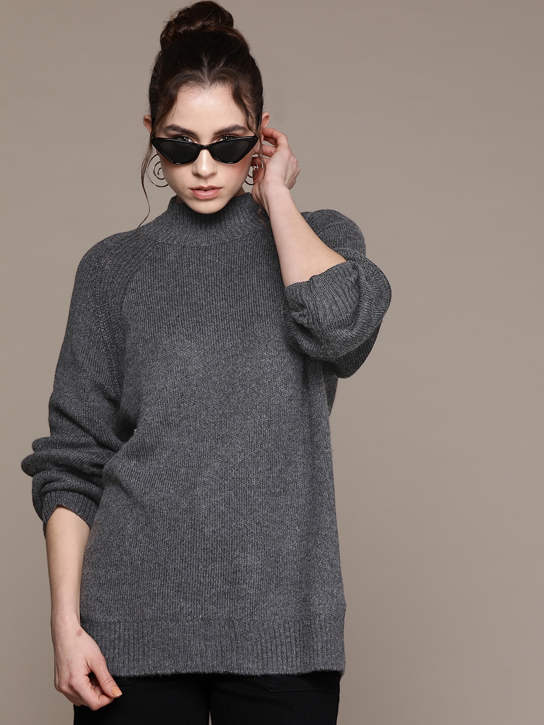

MANGO Women Longline Pullover, Charcoal