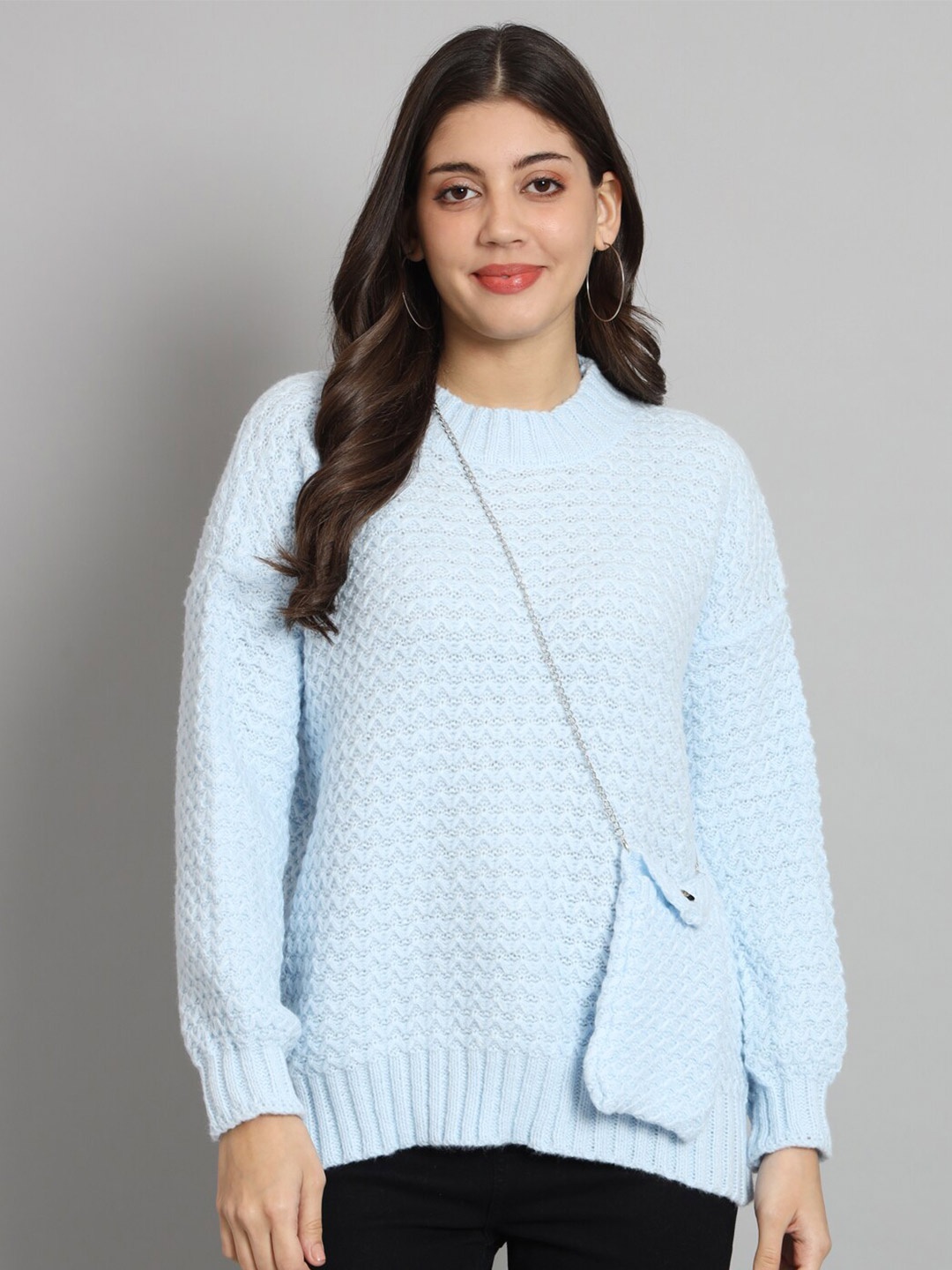 

BROOWL Open Knit Self Design Round Neck Woolen Pullover Sweater, Blue
