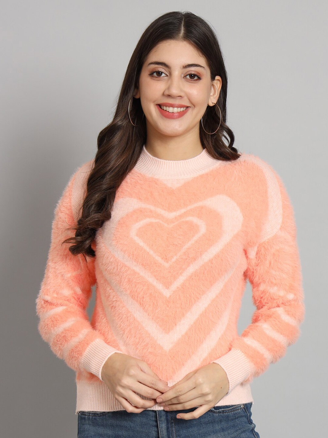 

BROOWL Graphic Printed Fuzzy Woolen Pullover Sweater, Peach