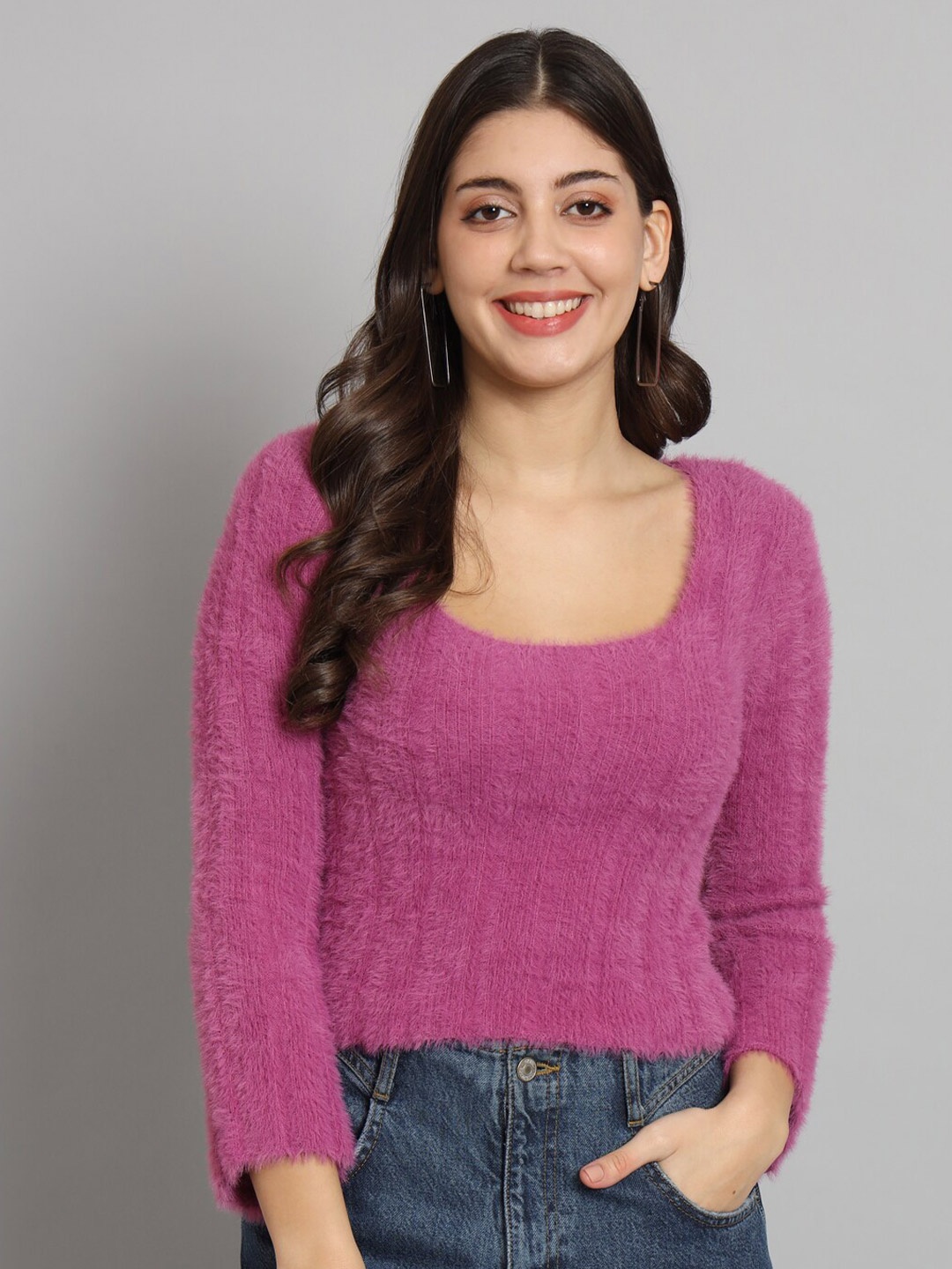 

BROOWL Round Neck Crop Woolen Fur Pullover Sweater, Purple