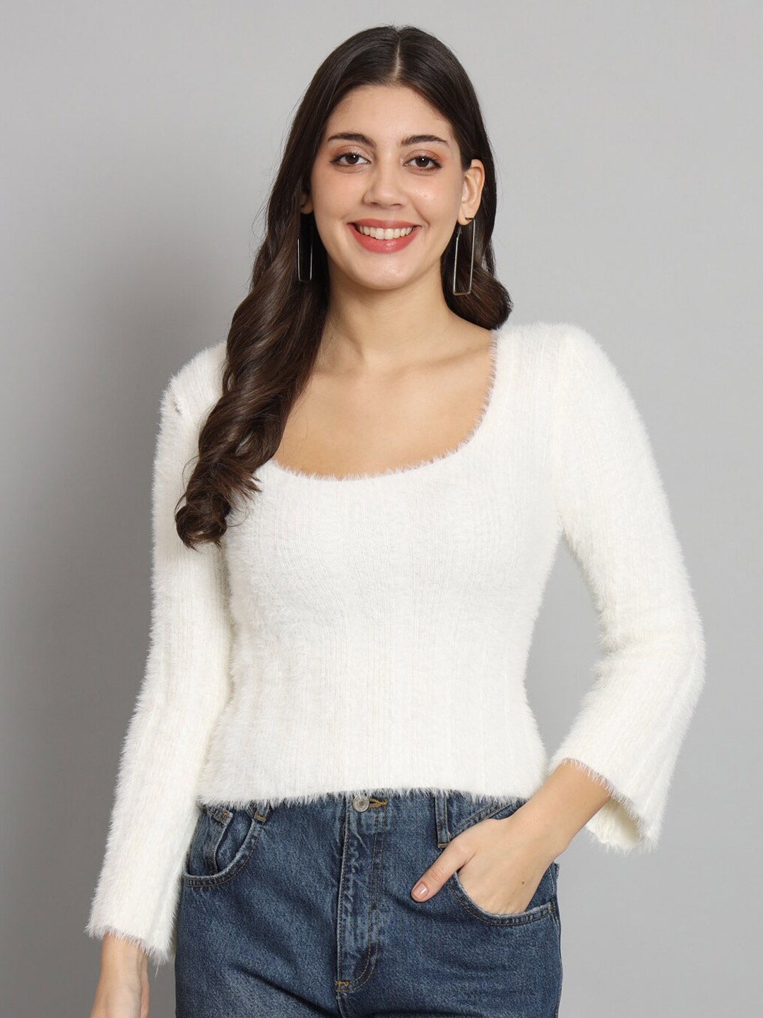 

BROOWL Striped Self Design Scoop Neck Woollen Pullover, White