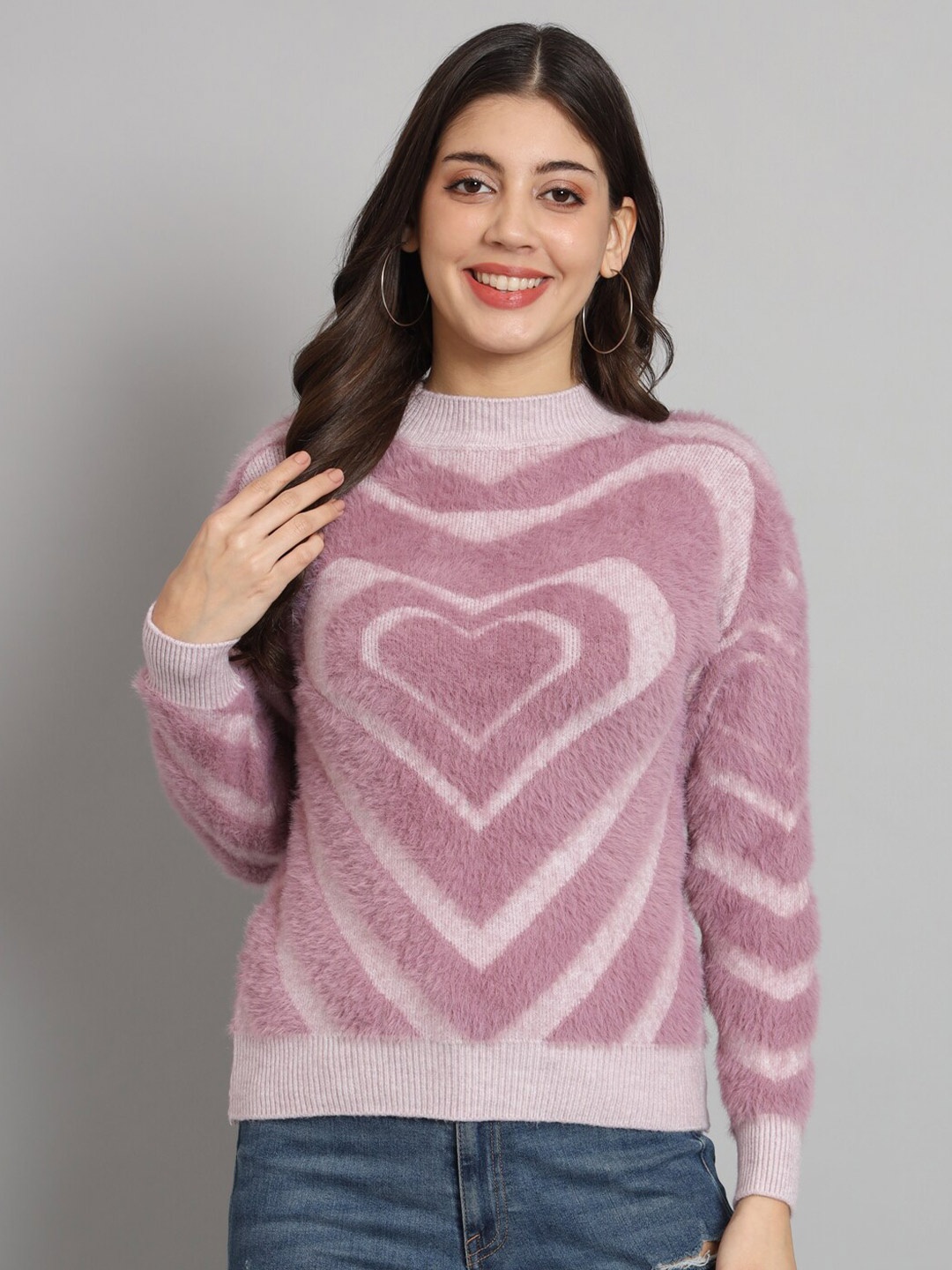 

BROOWL Geometric Self Design Turtle Neck Ribbed Woollen Pullover, Purple