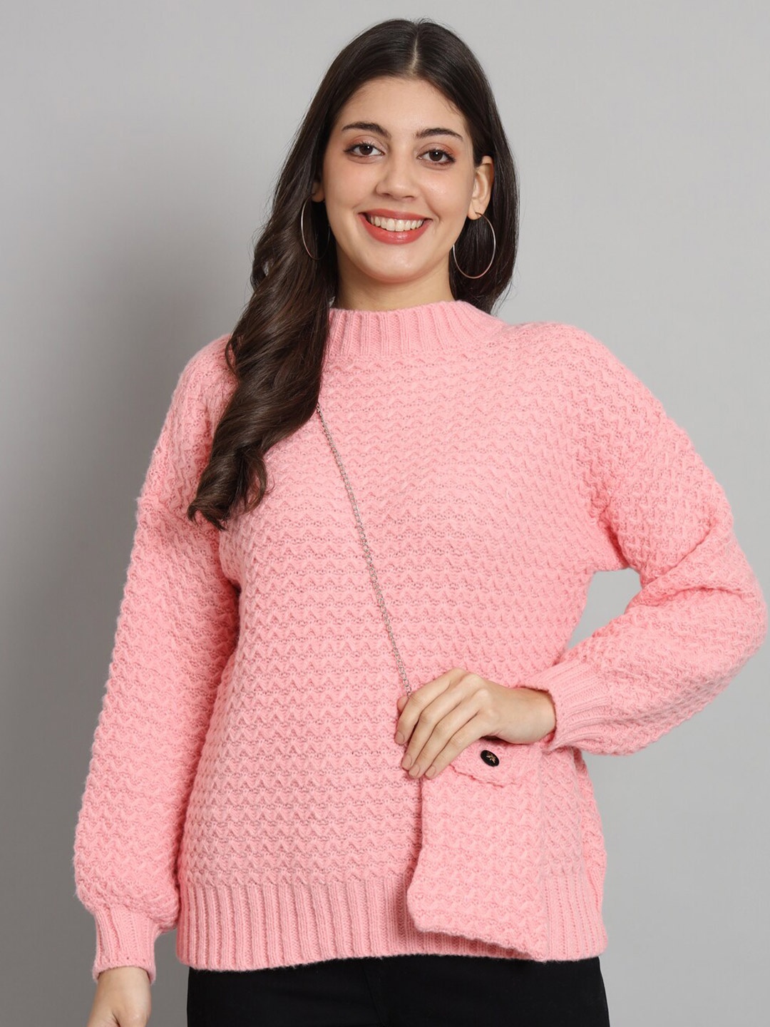 

BROOWL Cable Knit Self Design Turtle Neck Ribbed Woollen Pullover, Pink