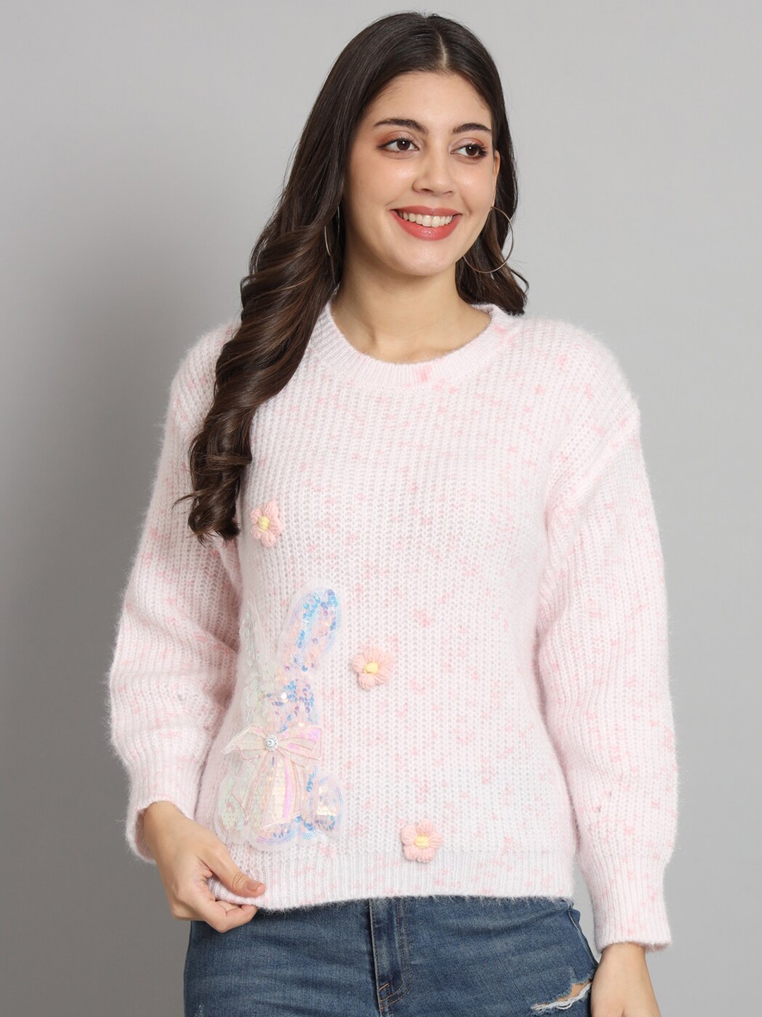 

BROOWL Abstract Printed Embellished Ribbed Woollen Pullover, Pink