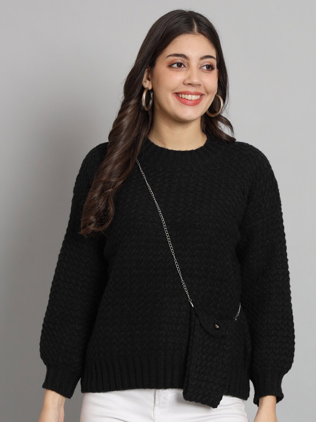 

BROOWL Cable Knit Self Design Ribbed Woollen Pullover, Black