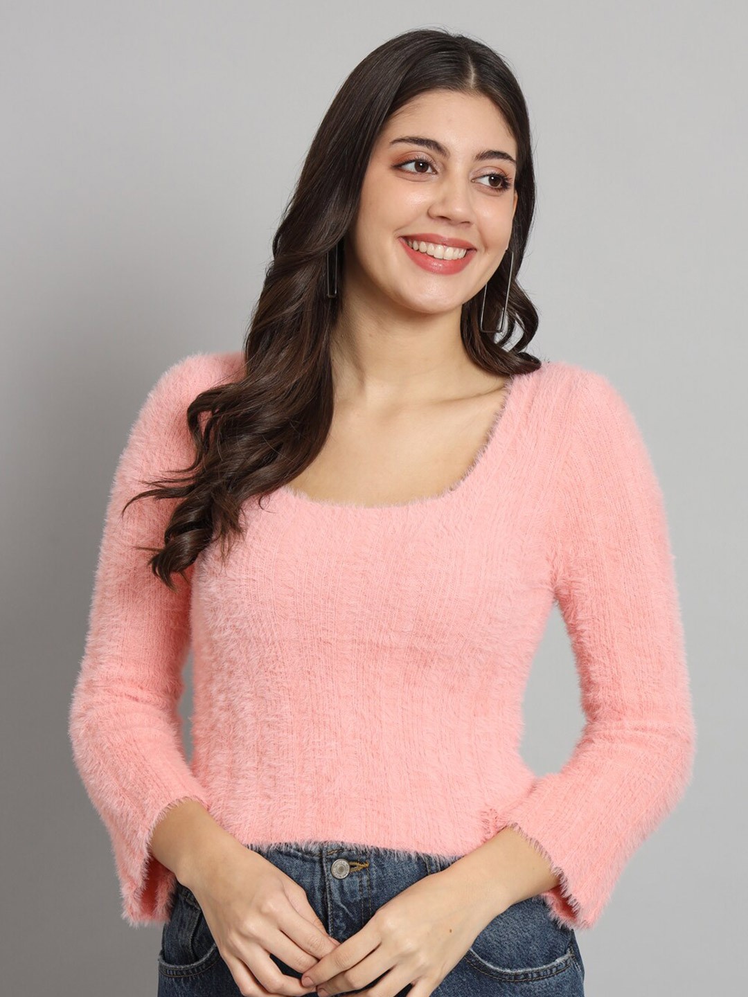 

BROOWL Scoop Neck Ribbed Woollen Pullover, Peach