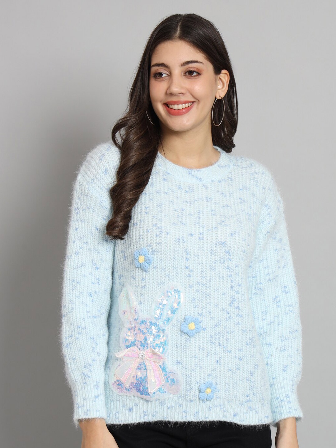

BROOWL Self Design Woollen Pullover Sweater, Blue