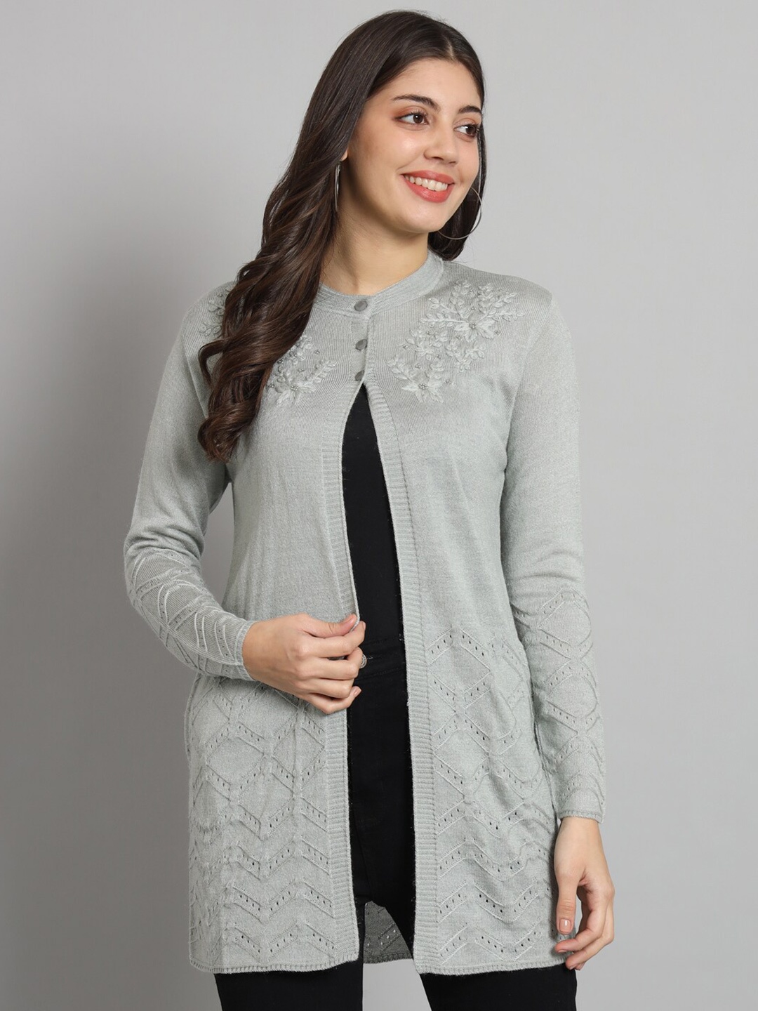 

BROOWL Floral Embroidered Woollen Cardigan Sweater, Grey