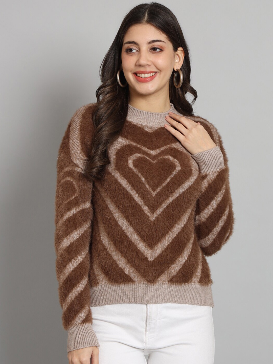 

BROOWL Self Design Woollen Pullover Sweater, Brown