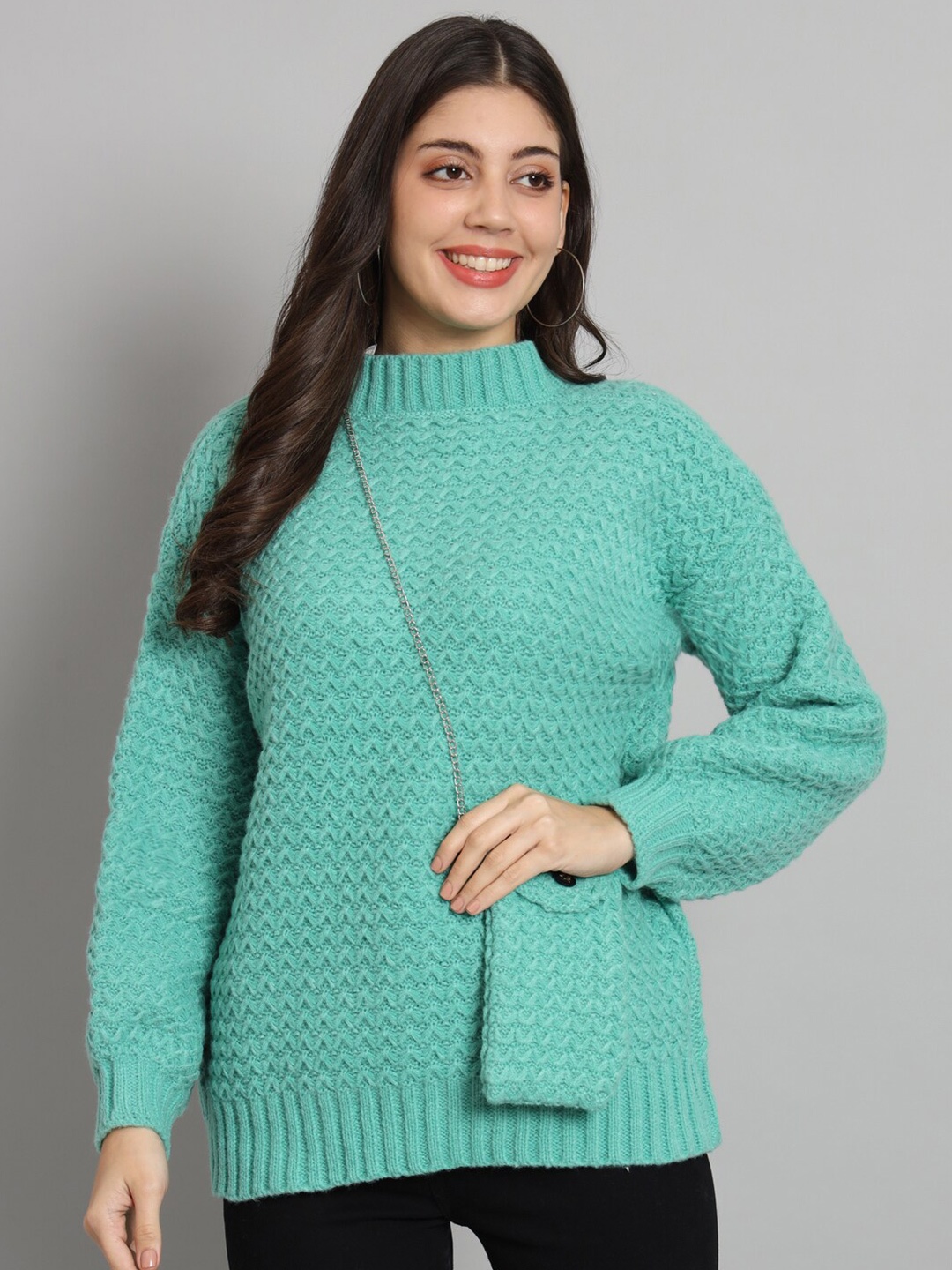 

BROOWL Self Design Cable Knit Woollen Sweater, Green