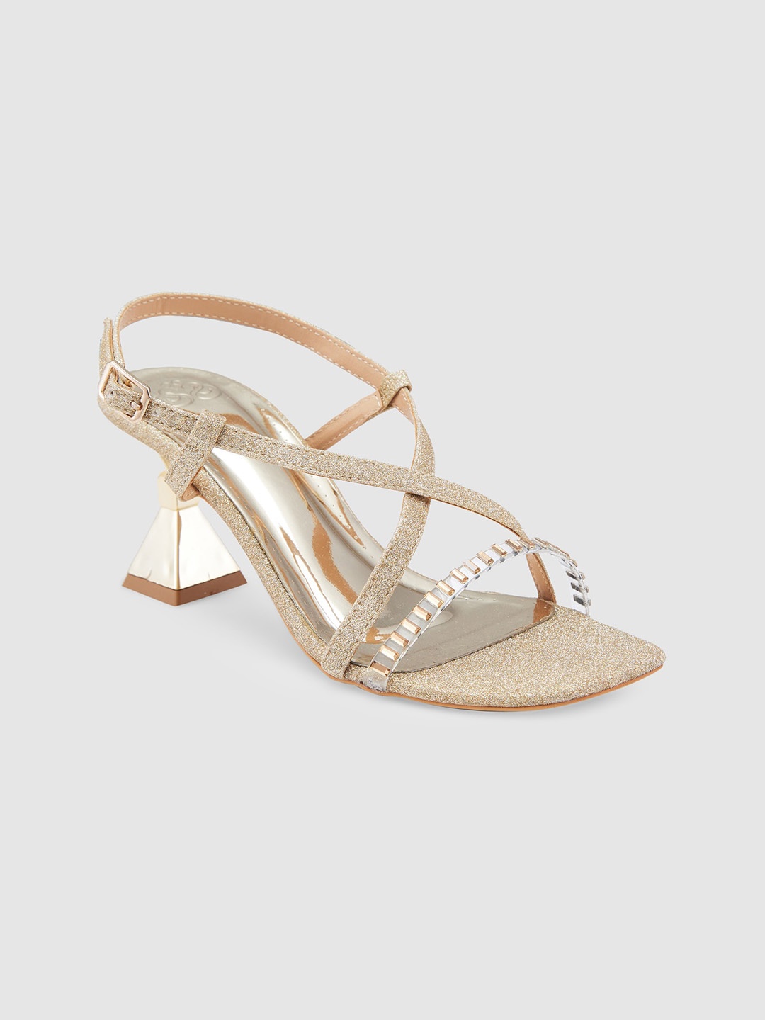 

Sole To Soul Embellished Open Toe Party Block Heels With Buckle Closure, Gold