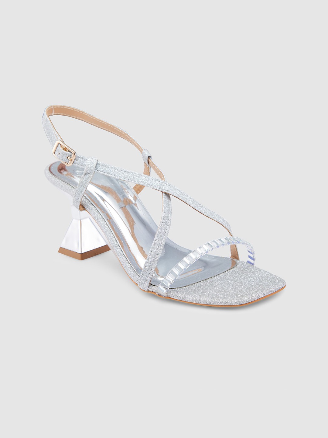 

Sole To Soul Embellished Open Toe Party Block Heels With Buckle Closure, Silver