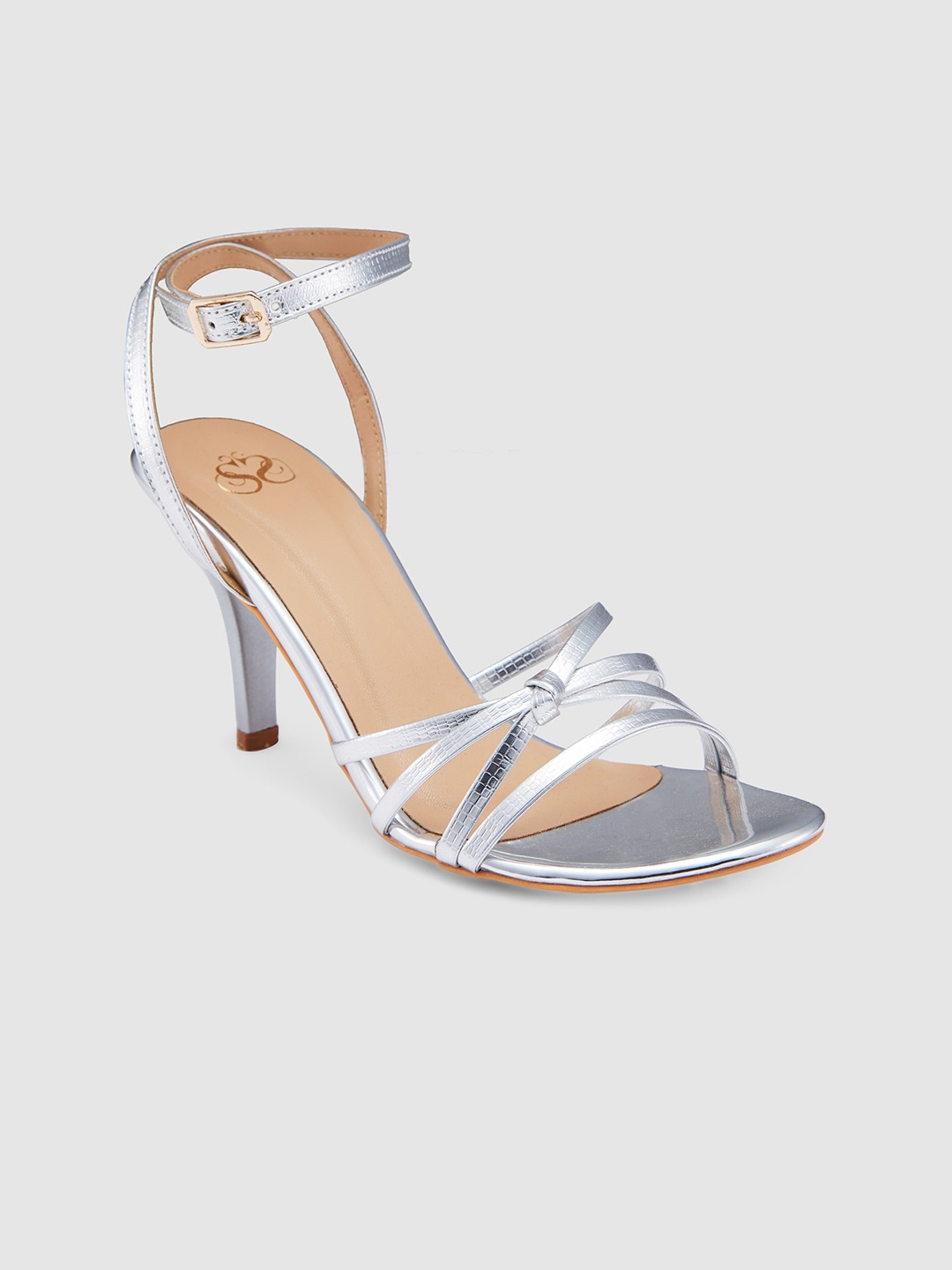 

Sole To Soul Knotted Textured Open Toe Party Slim Heels With With Ankle Loop, Silver