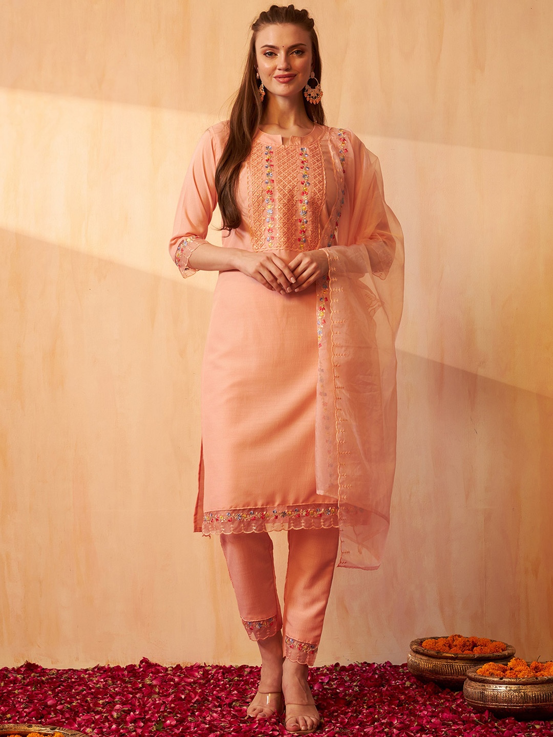

ASPORA Floral Embroidered Straight Kurta with Trousers & Dupatta, Peach