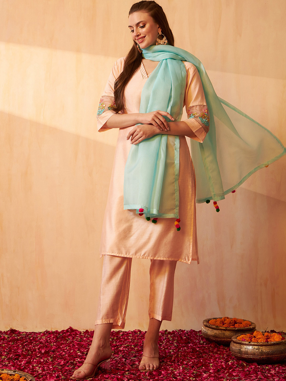 

ASPORA Floral Embroidered Mirror Work Kurta with Trousers & Dupatta, Peach