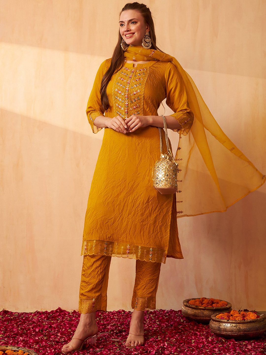 

ASPORA Floral Embroidered Straight Kurta with Trousers & Dupatta, Mustard