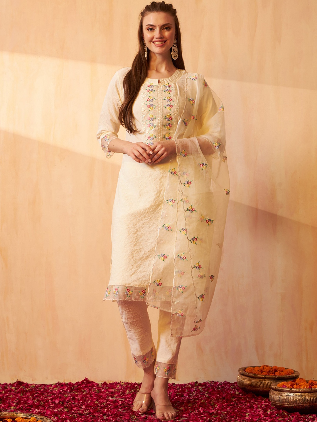 

ASPORA Floral Embroidered Straight Kurta with Trousers & Dupatta, Cream