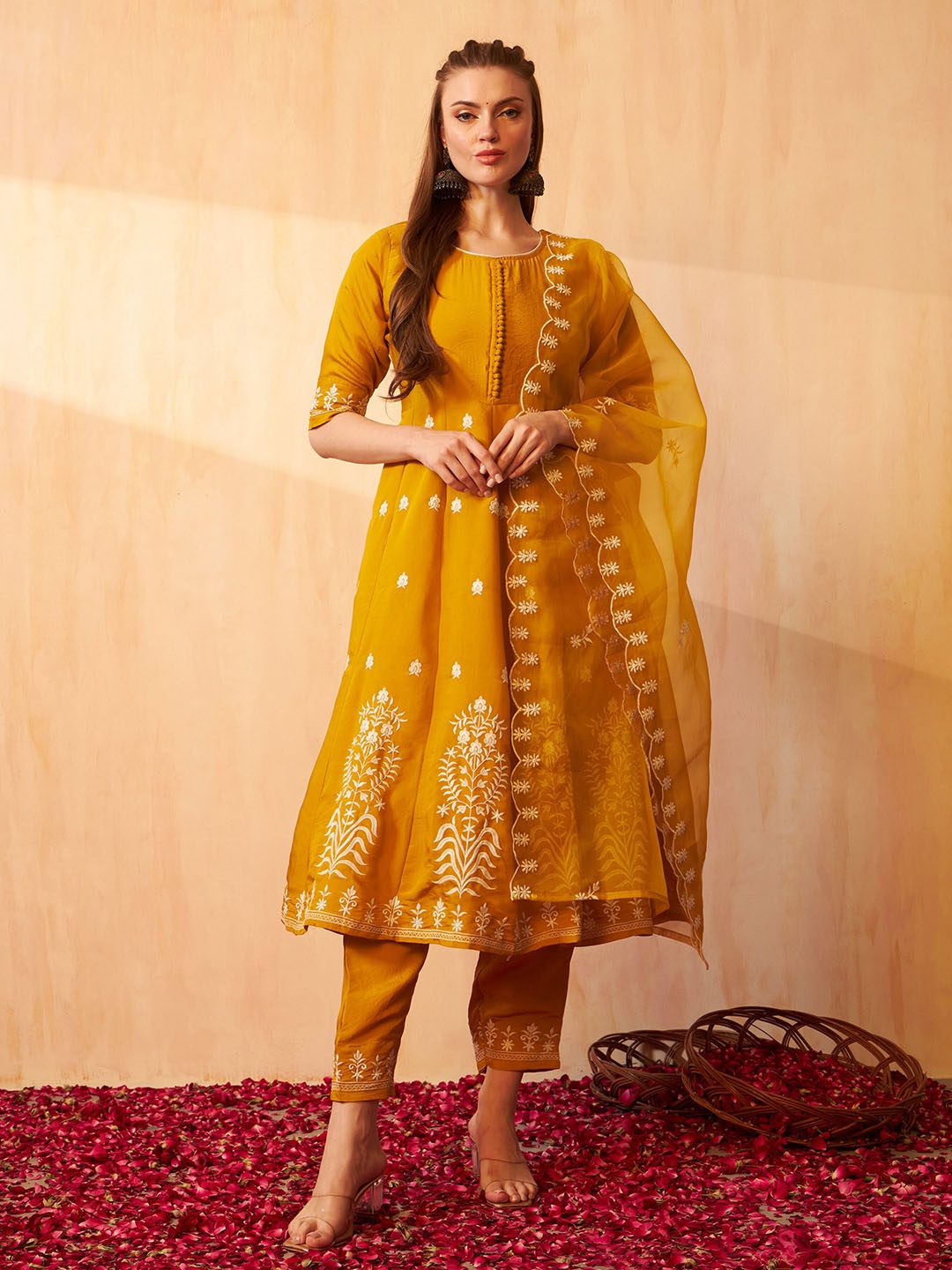 

ASPORA Floral Embroidered Empire Sequinned Chanderi Cotton Kurta With Trousers & Dupatta, Mustard