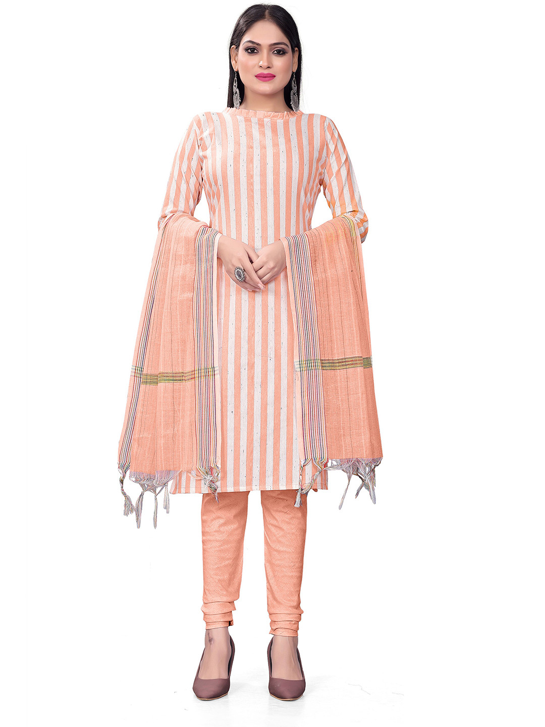 

KALINI Striped Unstitched Dress Material, Peach