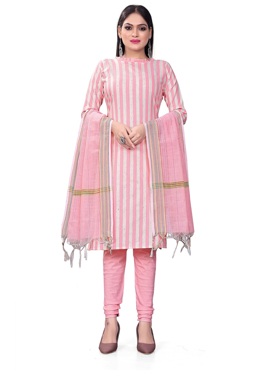 

KALINI Striped Unstitched Dress Material, Pink