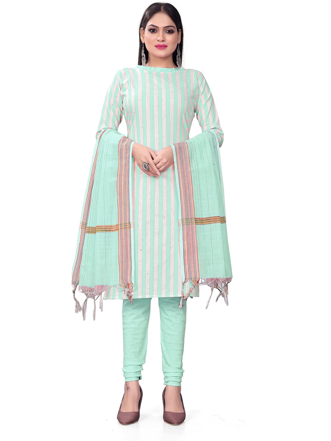 

KALINI Striped Unstitched Dress Material, Sea green