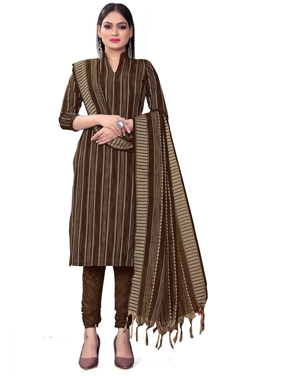 

KALINI Striped Unstitched Dress Material, Brown