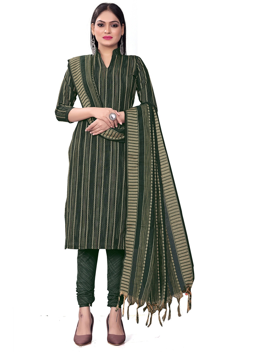 

KALINI Striped Woven Design Zari Unstitched Dress Material, Green