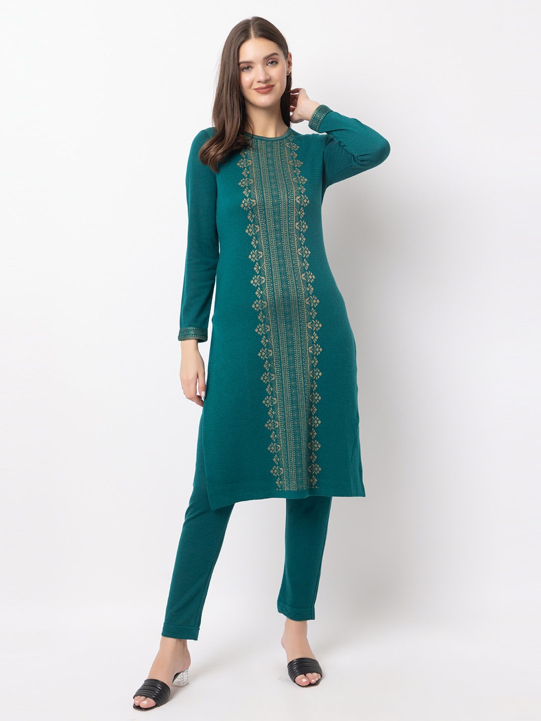 

KEIKO Ethnic Motifs Printed Round Neck Acrylic Kurta, Turquoise blue