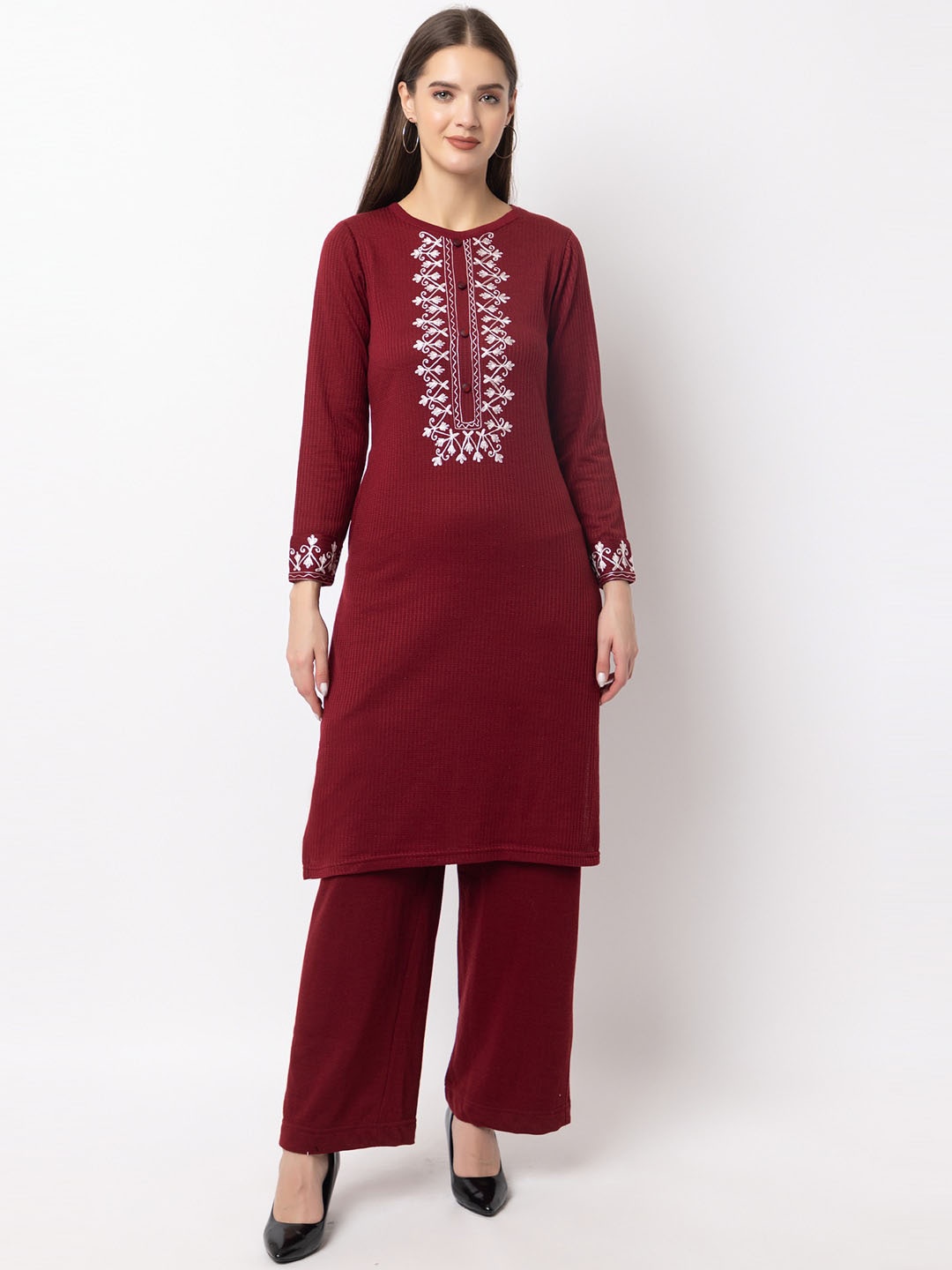 

KEIKO Ethnic Motifs Yoke Design Thread Work Detail Acrylic Striaght Kurta, Maroon