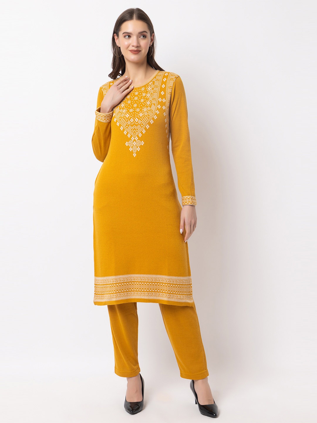 

KEIKO Geometric Printed Straight Acrylic Kurta, Mustard