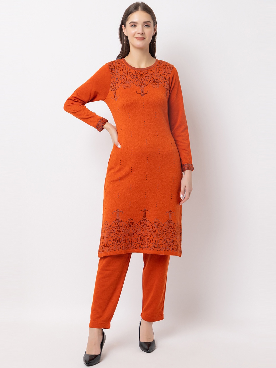 

KEIKO Ethnic Motifs Woven Design Long Sleeves Acrylic Kurta, Orange