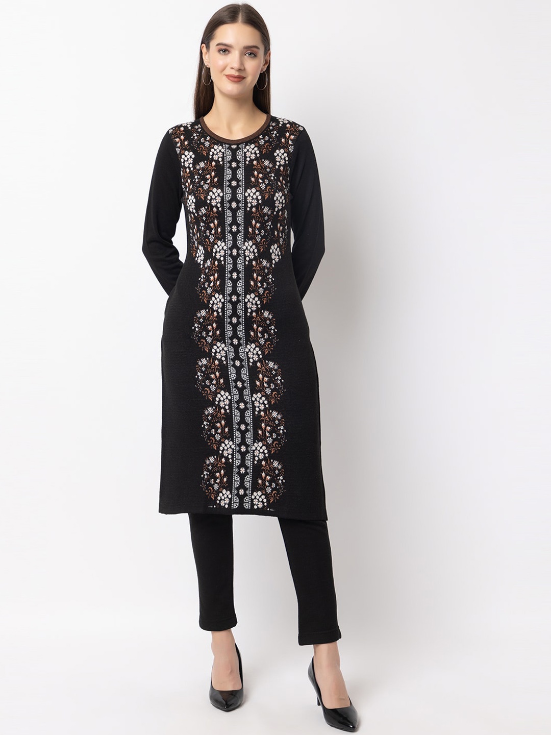 

KEIKO Ethnic Motifs Woven Design Long Sleeves Acrylic Kurta, Black