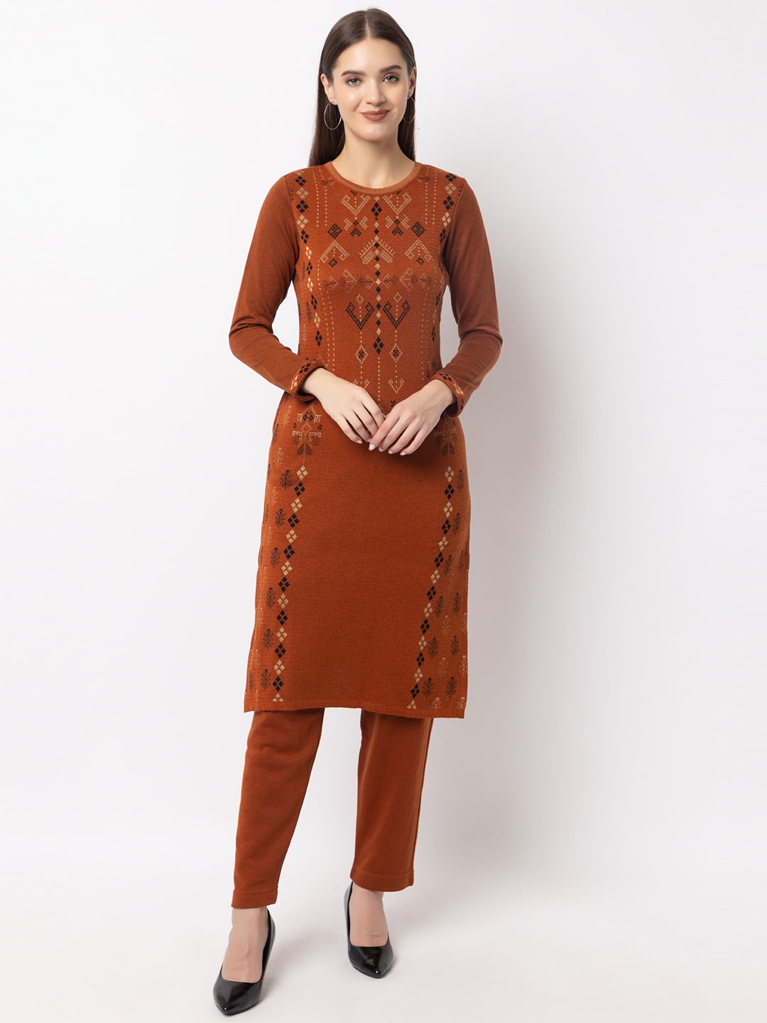 

KEIKO Ethnic Motifs Woven Design Long Sleeves Acrylic Kurta, Rust