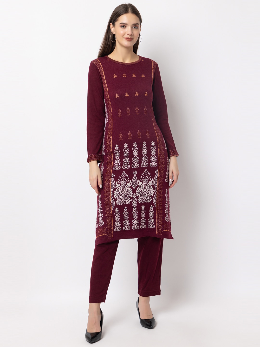 

KEIKO Ethnic Motifs Acrylic Knitted Straight Kurta, Burgundy