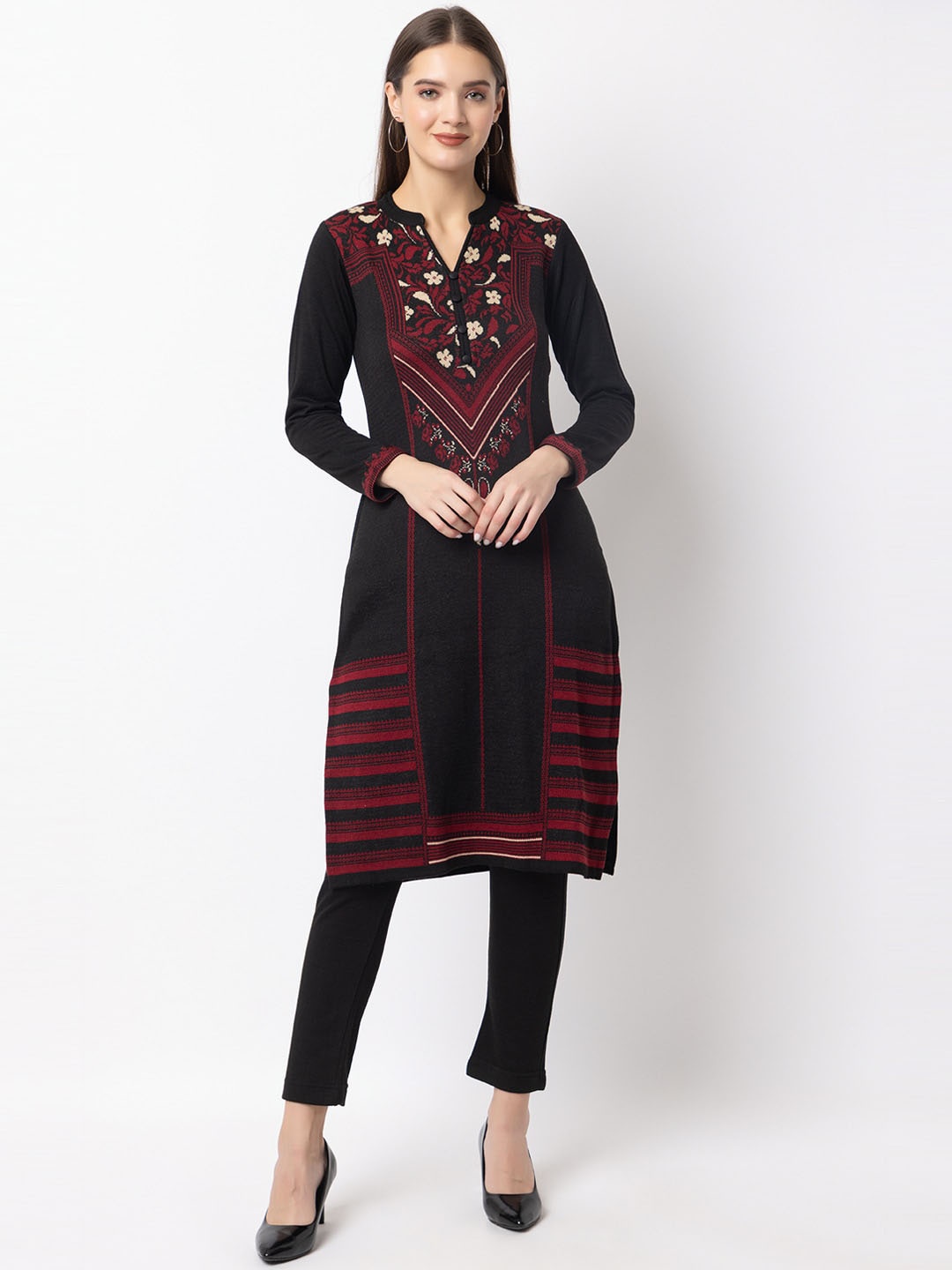 

KEIKO Ethnic Motifs Acrylic Knitted Straight Kurta, Black