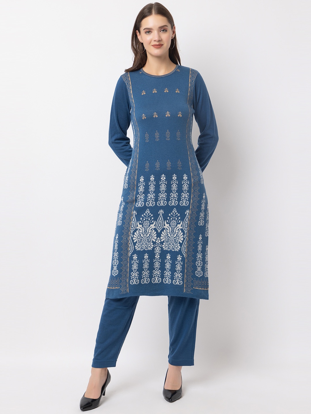 

KEIKO Ethnic Motifs Printed Round Neck Long Sleeves Acrylic Straight Kurta, Navy blue