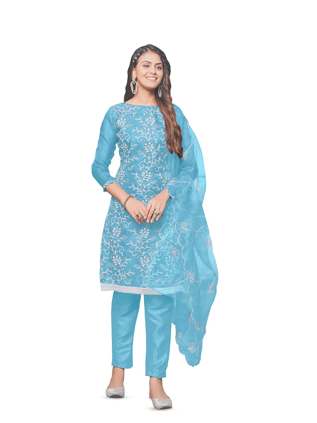 

KALINI Floral Embroidered Organza Unstitched Dress Material, Blue