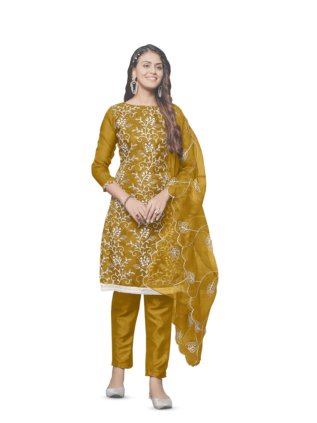 

KALINI Floral Embroidered Unstitched Dress Material, Mustard