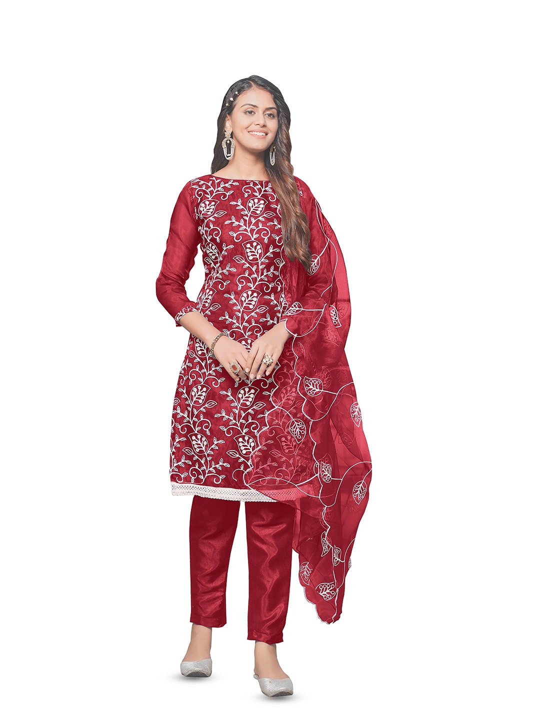 

KALINI Floral Embroidered Organza Unstitched Dress Material, Burgundy