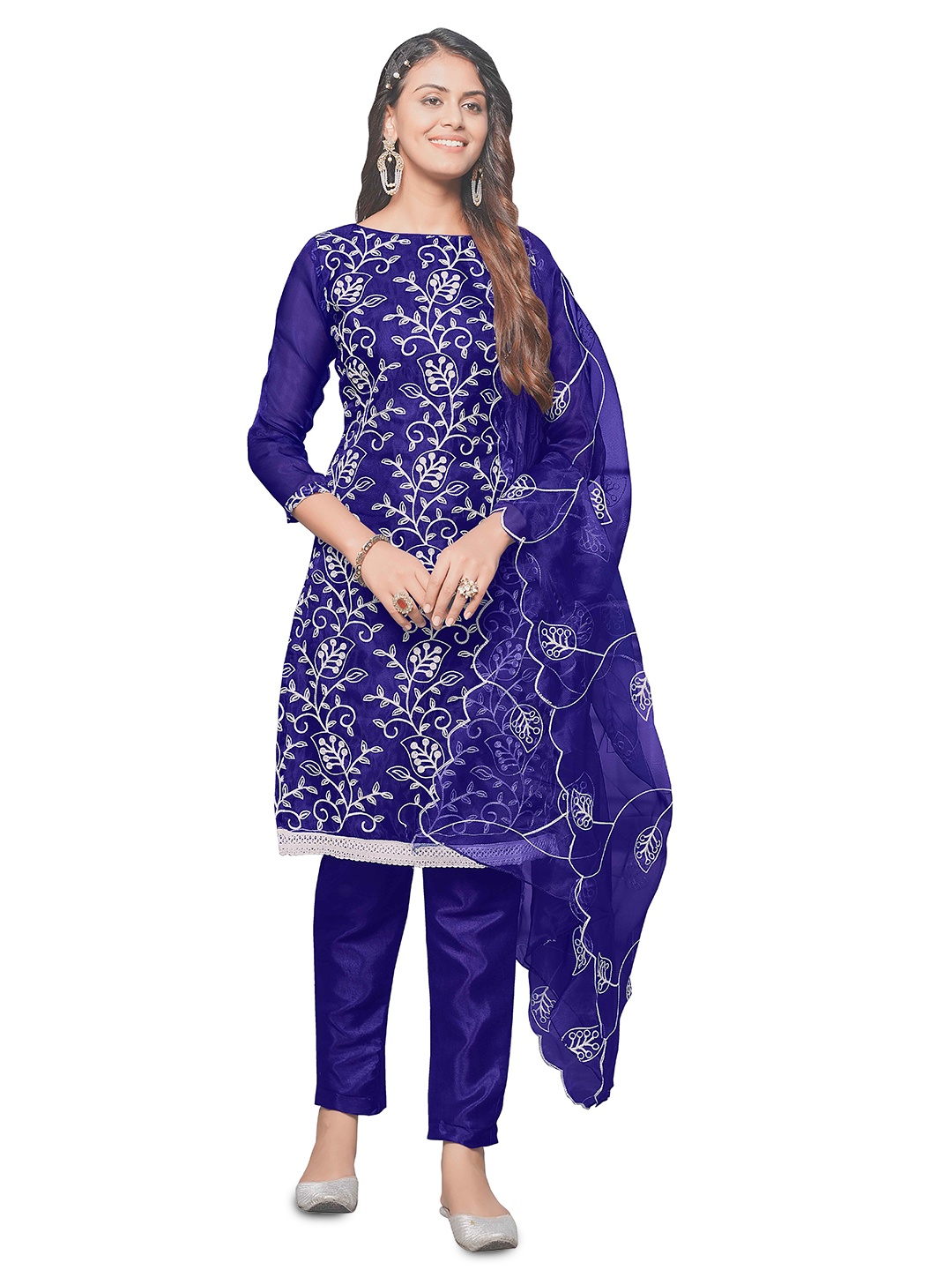 

KALINI Floral Embroidered Organza Unstitched Dress Material, Navy blue