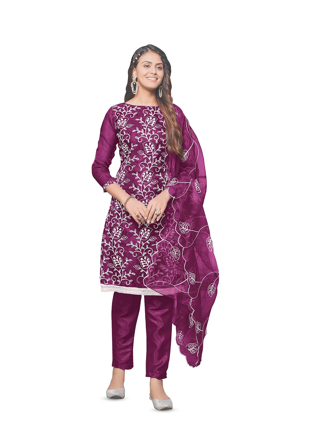 

KALINI Floral Embroidered Organza Unstitched Dress Material, Burgundy