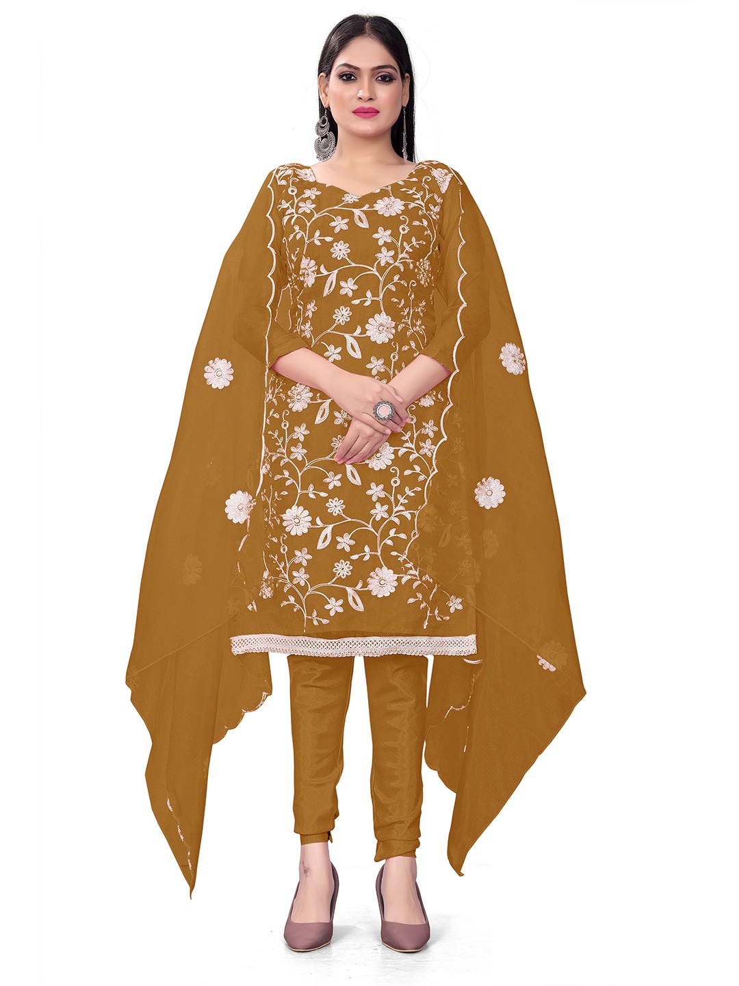 

KALINI Floral Embroidered Unstitched Dress Material, Mustard