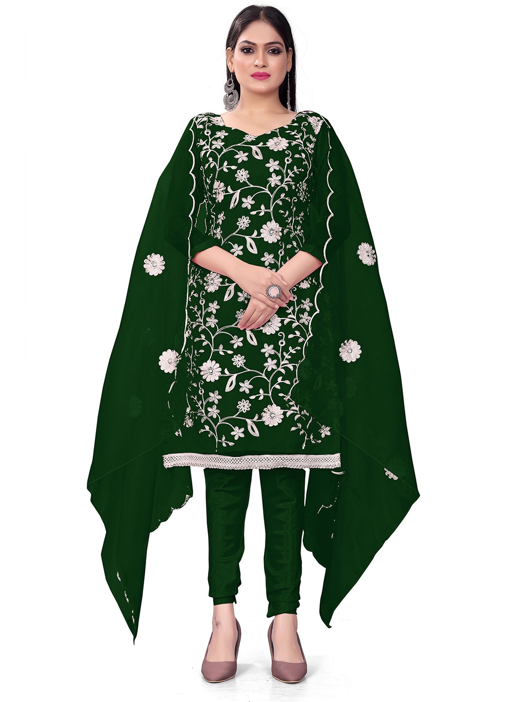 

KALINI Floral Embroidered Organza Unstitched Dress Material, Green