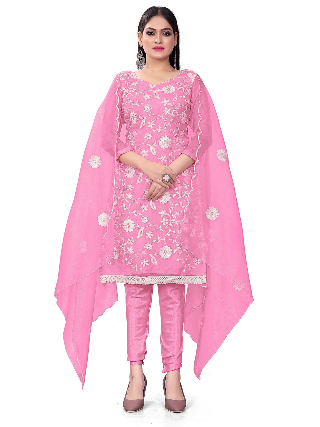 

KALINI Floral Embroidered Thread Work Detailed Organza Unstitched Dress Material, Pink