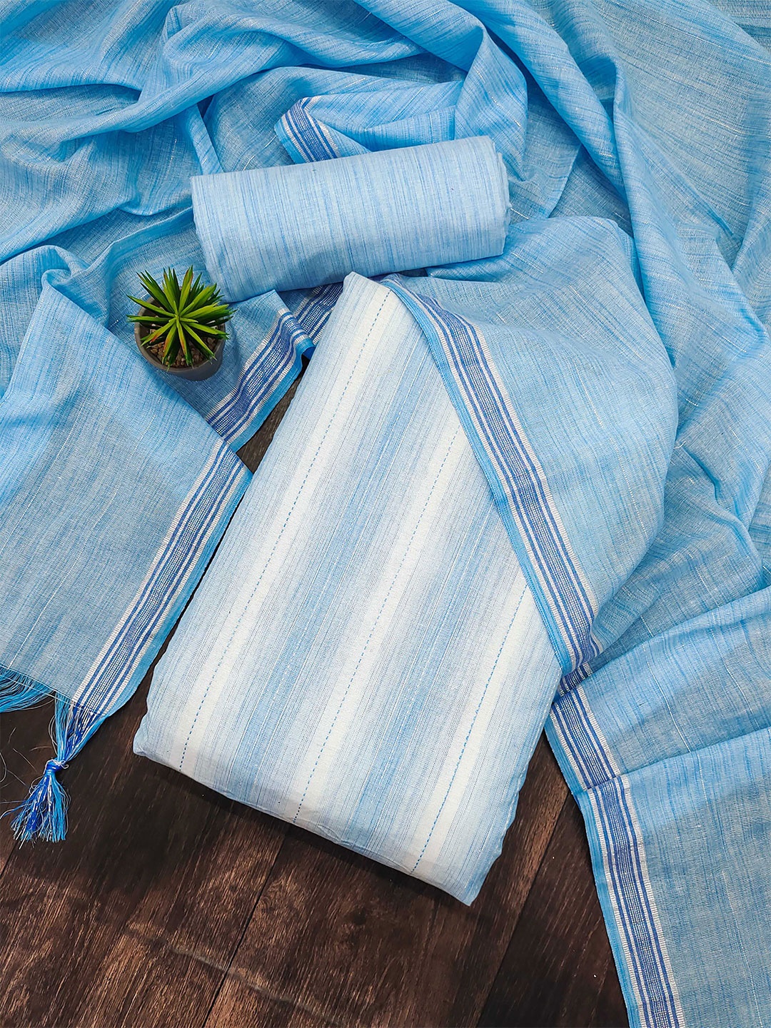

KALINI Striped Woven Design Unstitched Dress Material, Blue