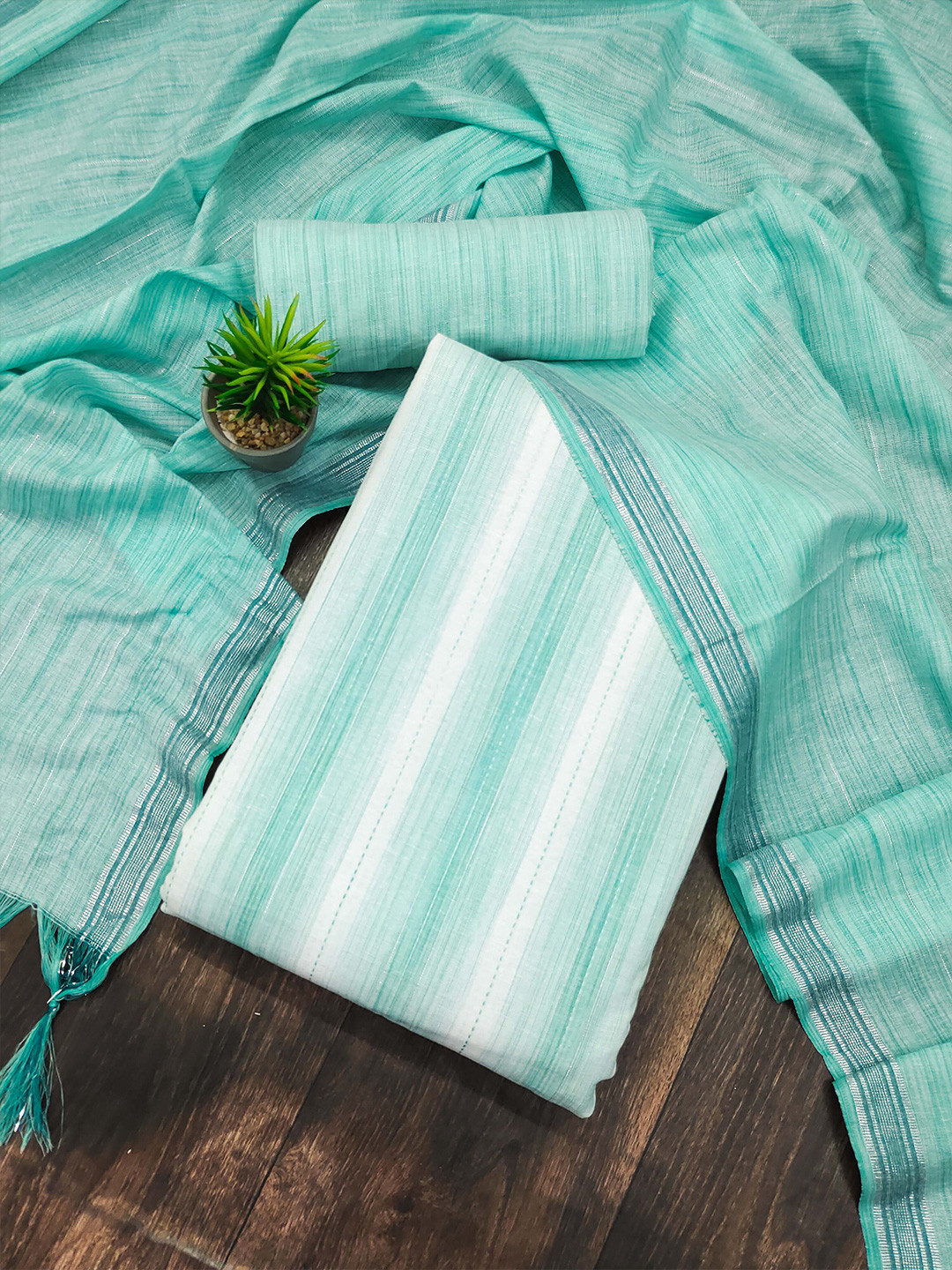 

KALINI Striped Woven Design Unstitched Dress Material, Sea green