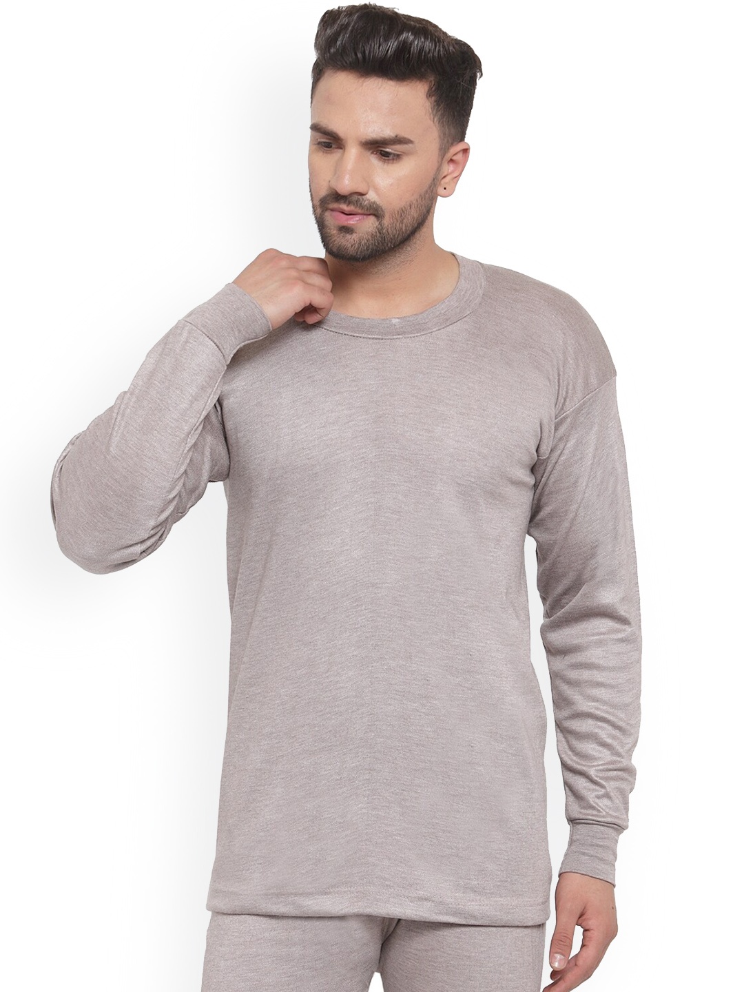 

UZARUS Round Neck Long Sleeves Cotton Thermal Top, Camel brown