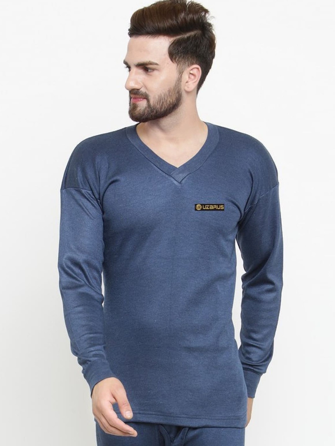 

UZARUS V-Neck Long Sleeves Cotton Thermal Top, Navy blue